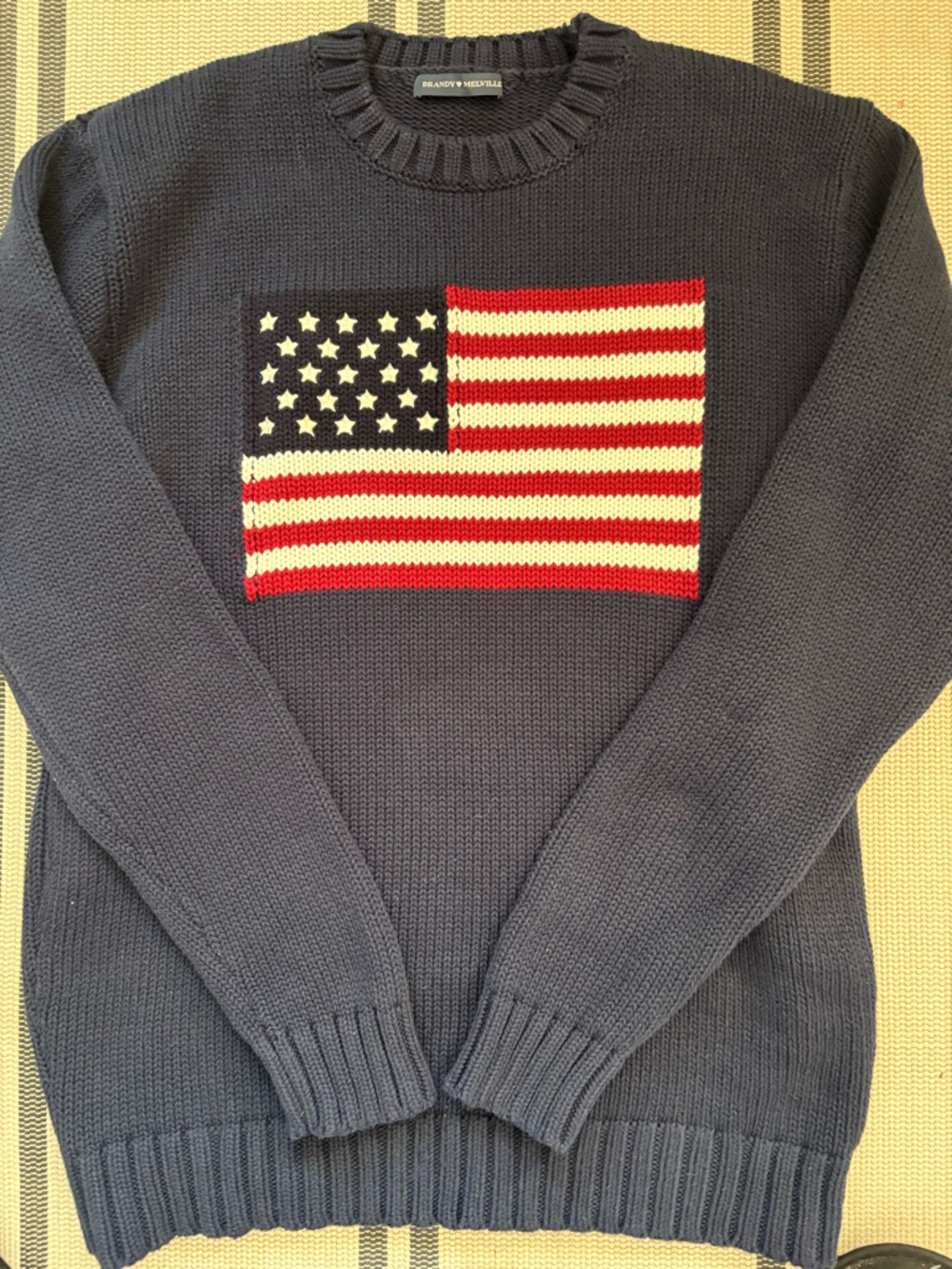 Brandy Melville Navy Sweater with Red and White Flag Panel
